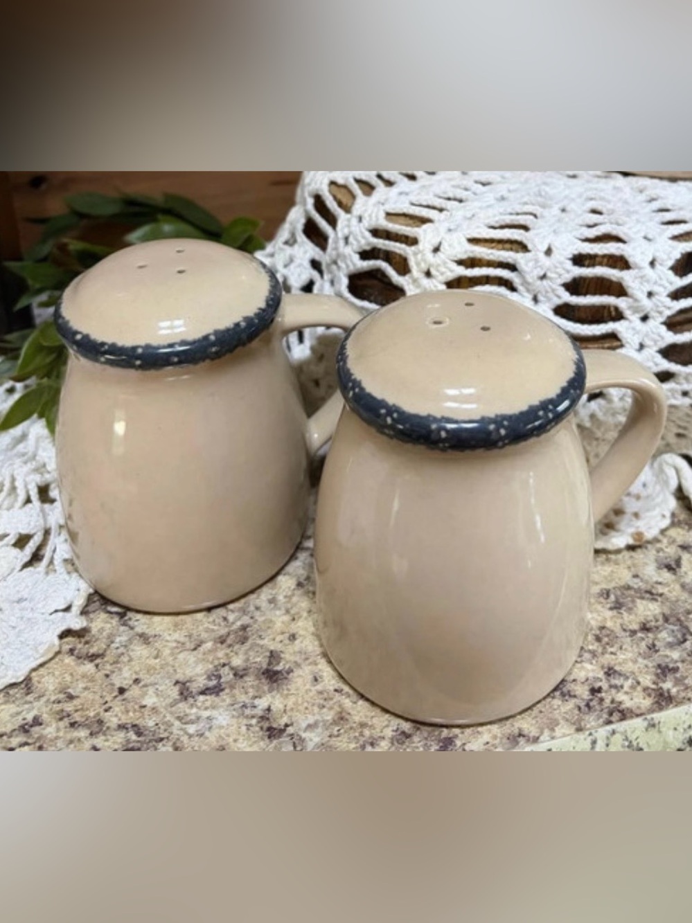 Vintage Beige Pottery Salt & Pepper Shaker Set w handles & Dark sponge gray trim